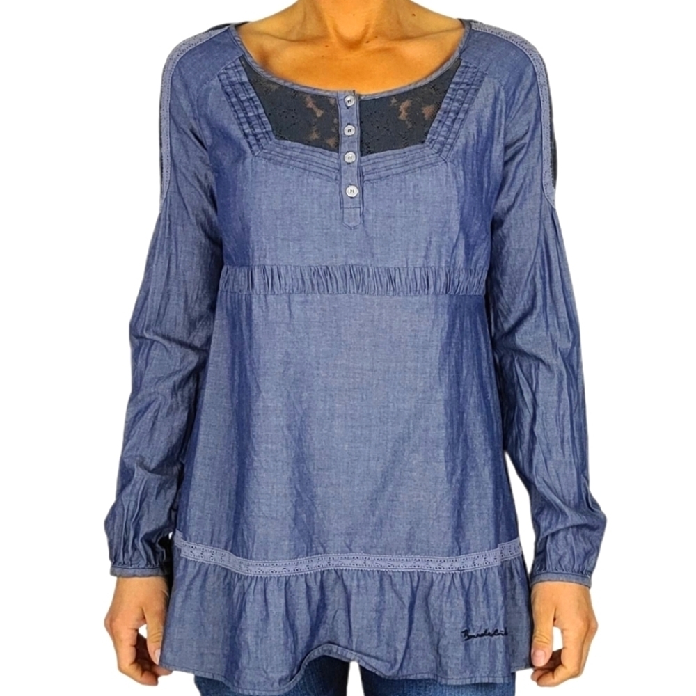 Bondelid EVA Blouse Size Small Blue Cotton Lace Long Sleeve
